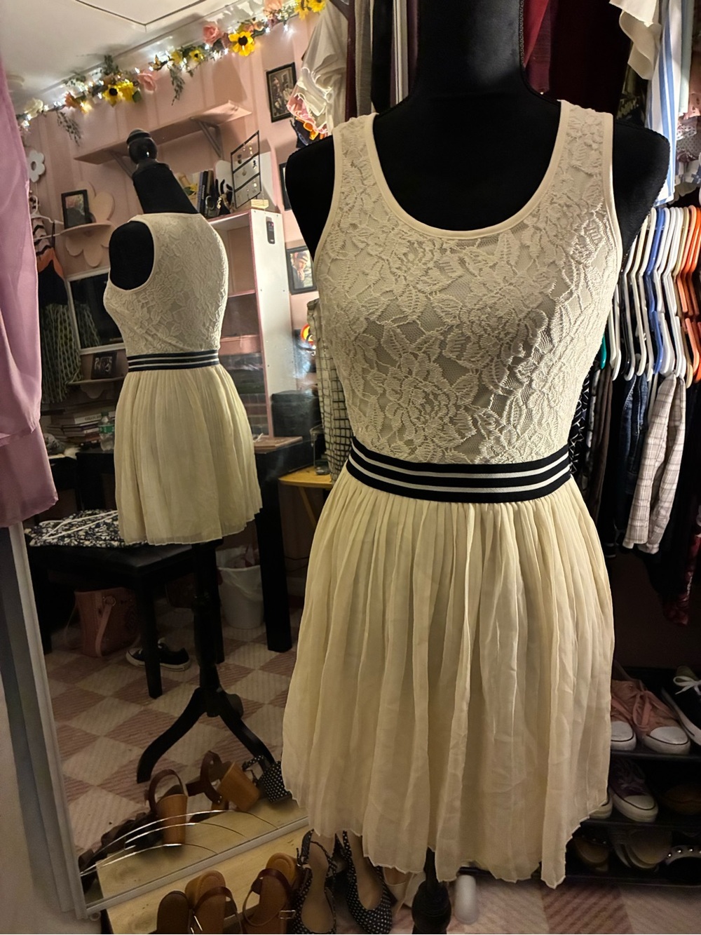 Accidentally In Love Cream Lace Mini Dress with Striped Waistband